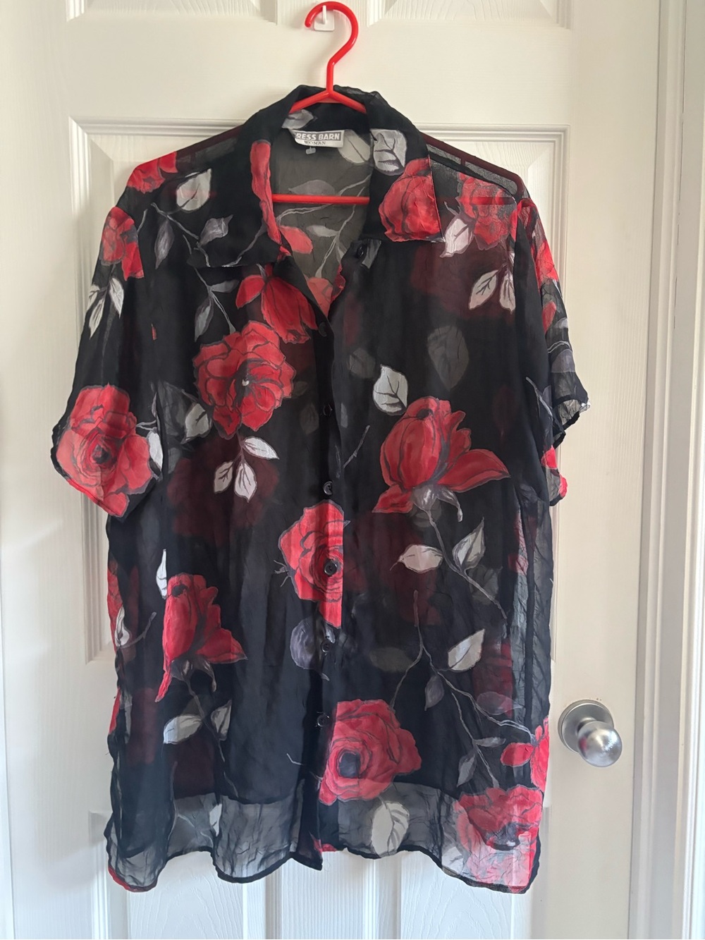 Dress Barn Black Sheer Button-Down Shirt with Red Rose Print